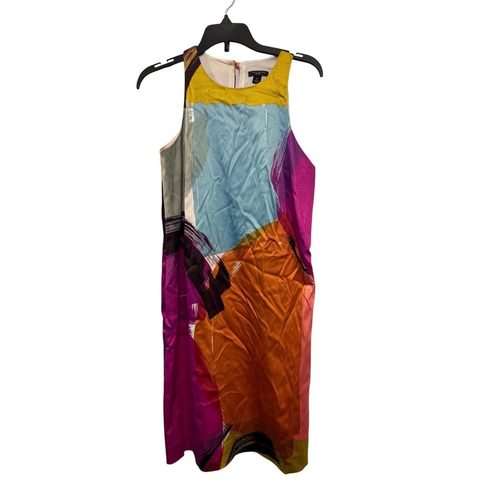 Ann Taylor Petite 4P Abstract Multicolor Sleeveless Sheath Dress Polyester Blend